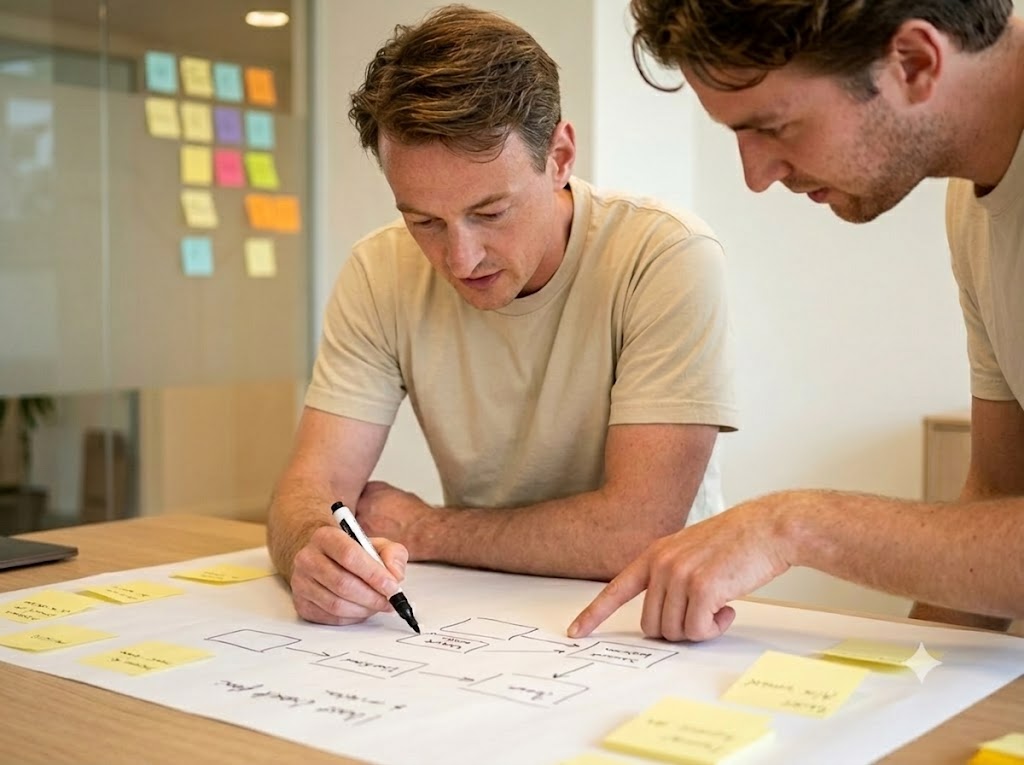 Het team van AI Bakery werkt samen een workflow uit tijdens een sessie met sticky notes